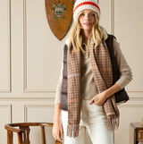 Joules LANGTREE Womens Scarf Tan Brown worn by model against a light wall, styled with a vest and hat.