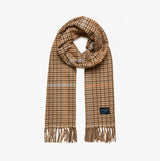 Joules LANGTREE Womens Scarf Tan Brown, front view showcasing plaid pattern and fringed edges.