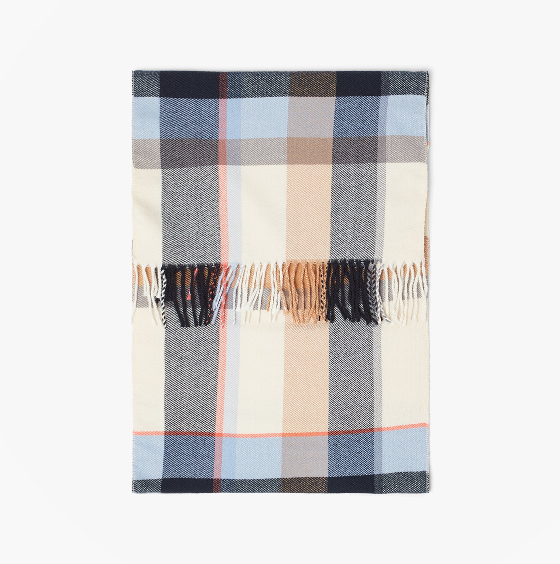 Joules LANGTREE Womens Winter Cream/Blue front view showing a patterned scarf with fringes.