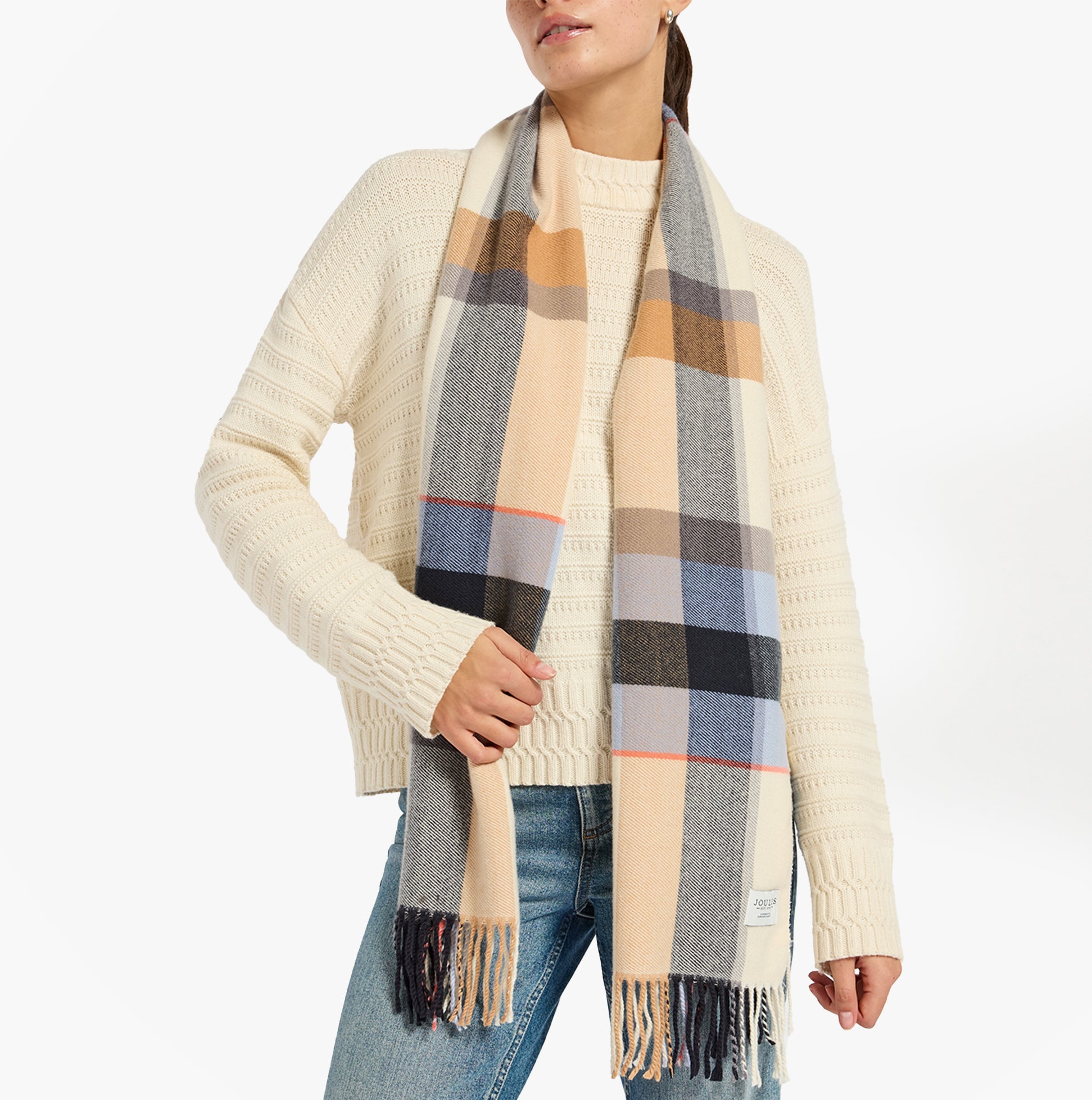 Joules LANGTREE Womens Winter Cream/Blue front view of model wearing stylish scarf, showcasing the plaid design.