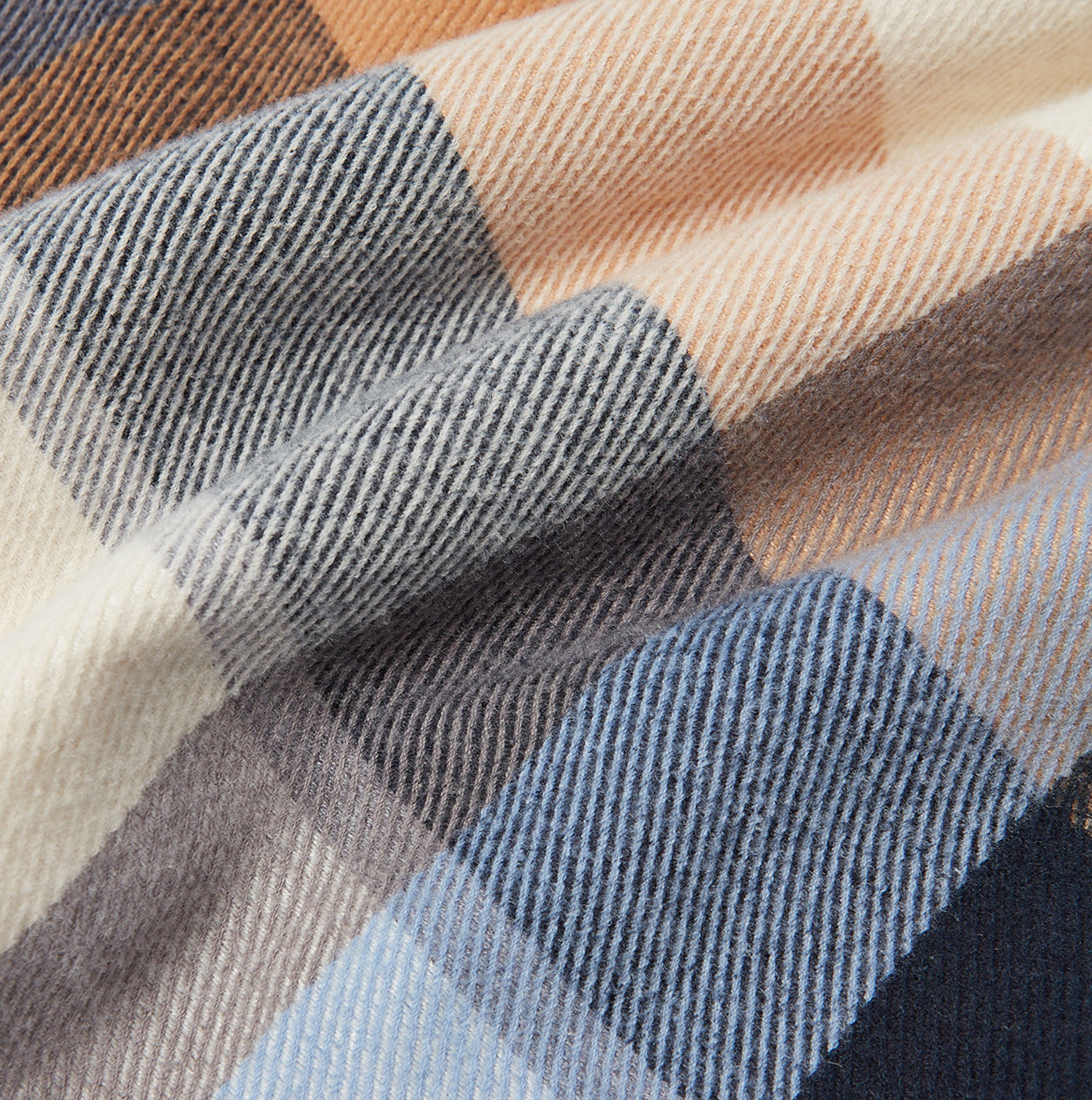 Joules LANGTREE Womens Winter Cream/Blue detail view of soft, textured fabric with plaid pattern in varied colors.