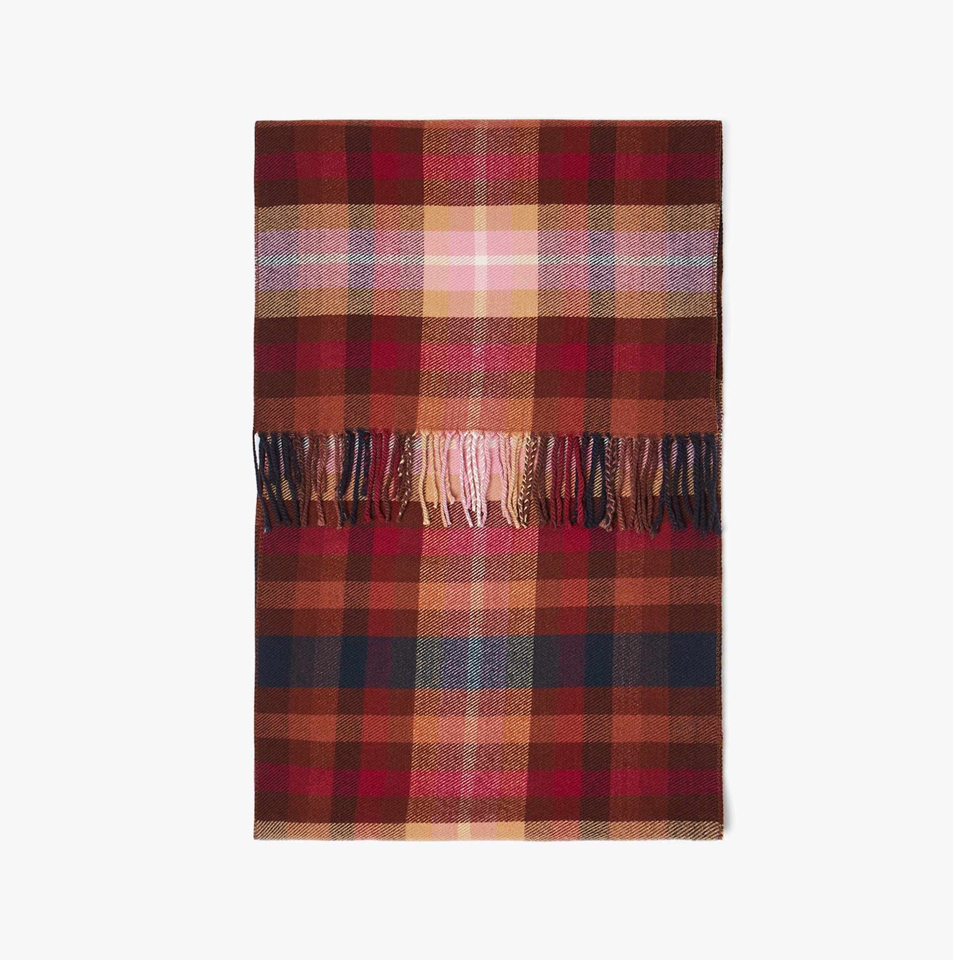 Joules LANGTREE Womens Winter Berry Red front view, plaid pattern scarf with fringed edges.