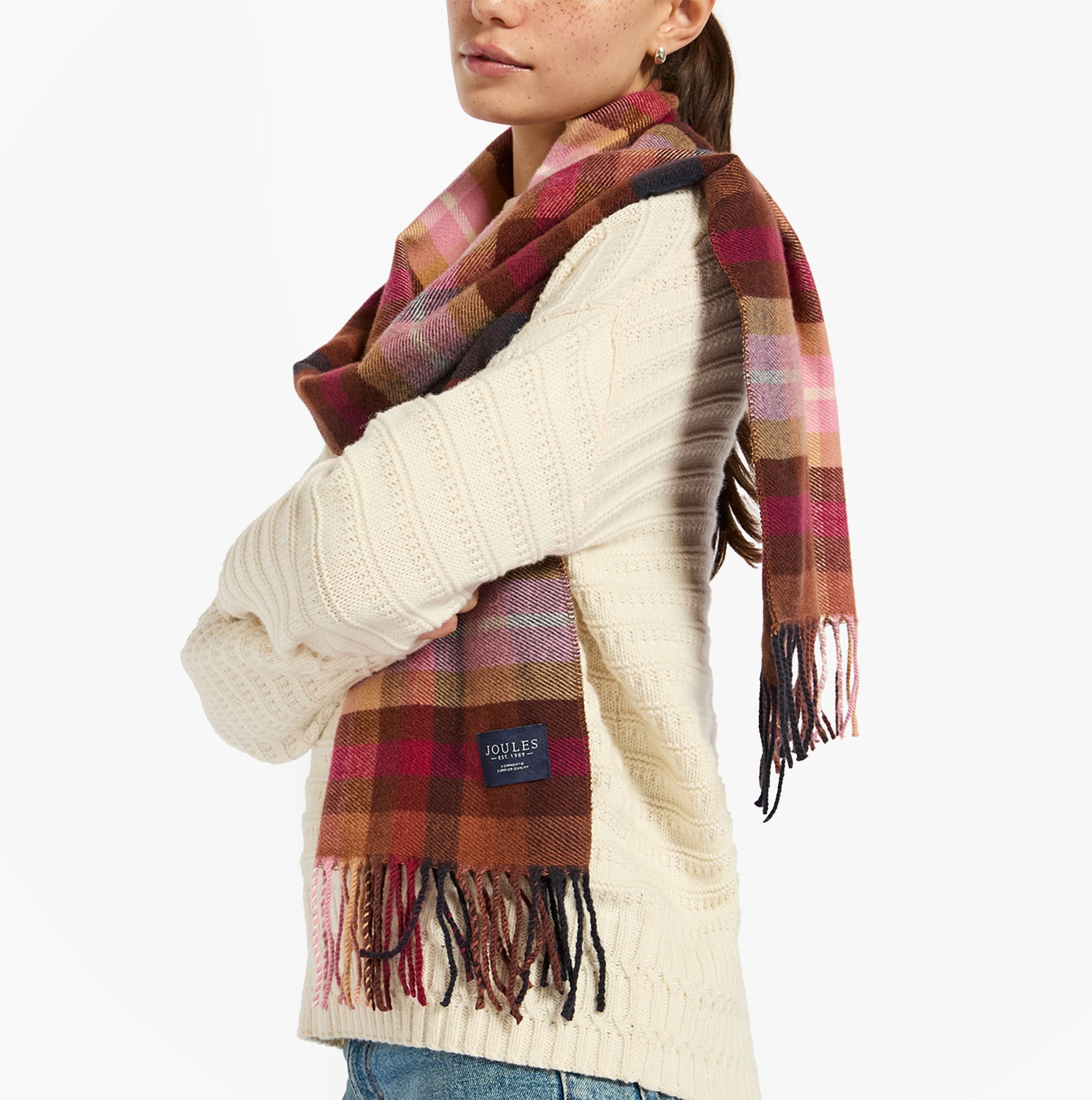 Joules LANGTREE Womens Winter Berry Red front view featuring a woman wearing a scarf with a plaid design.