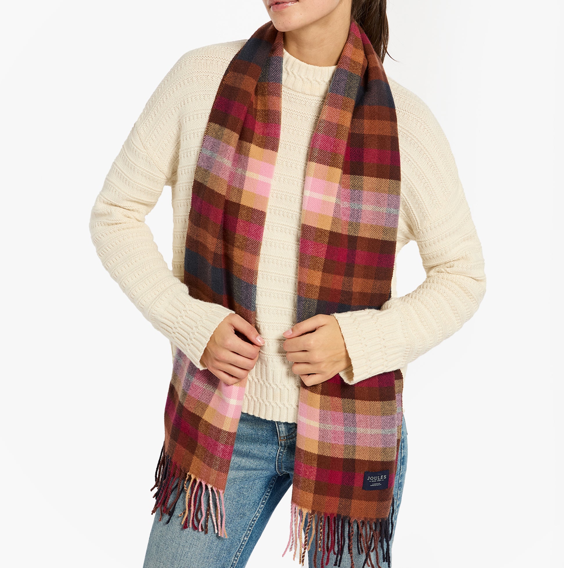 Joules LANGTREE Womens Winter Berry Red front view of scarf draped over model wearing a cream sweater.