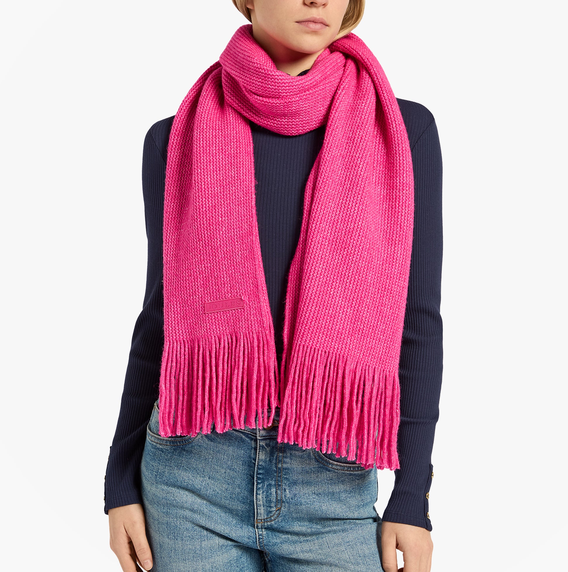 Joules ROSA Womens Winter Pink front view of a pink scarf with fringes, showcasing its texture and color.