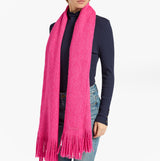 Joules ROSA Womens Winter Pink side view of a pink scarf worn with a navy top, showcasing its texture and length.