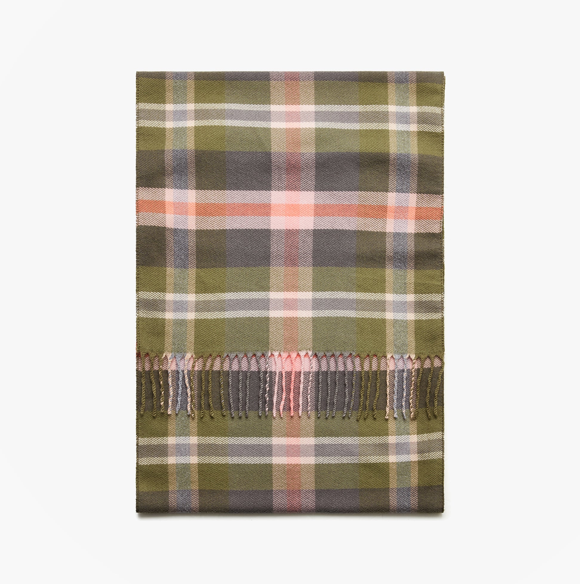 Joules LANGTREE Womens Winter Green/Pink front view of a stylish plaid scarf with fringe detailing.