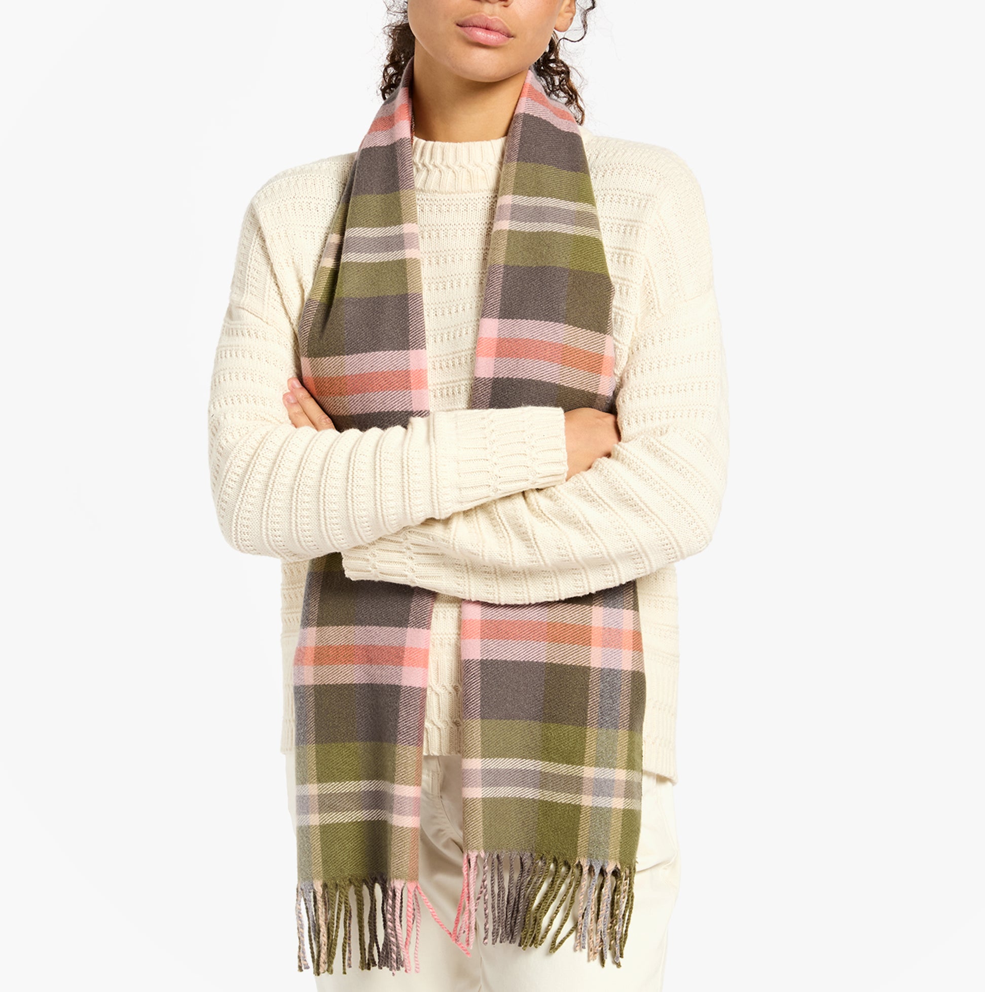 Joules LANGTREE Womens Winter Green/Pink front view, model wearing scarf with patterned design.