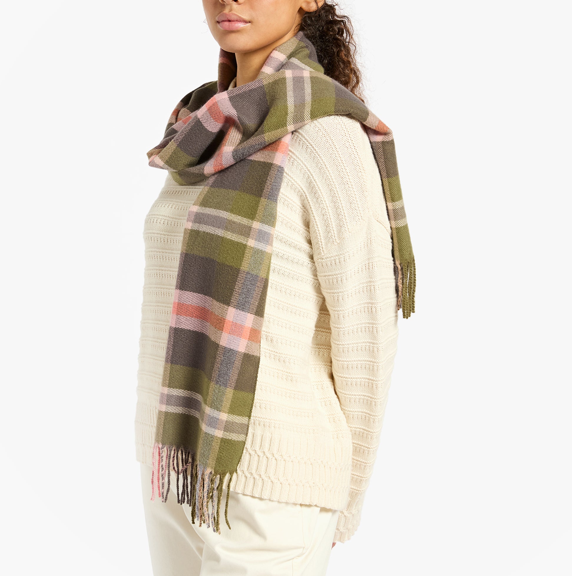 Joules LANGTREE Womens Winter Green/Pink side view of model wearing scarf with a checked pattern.