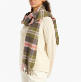 Joules LANGTREE Womens Winter Green/Pink side view of model wearing scarf with a checked pattern.