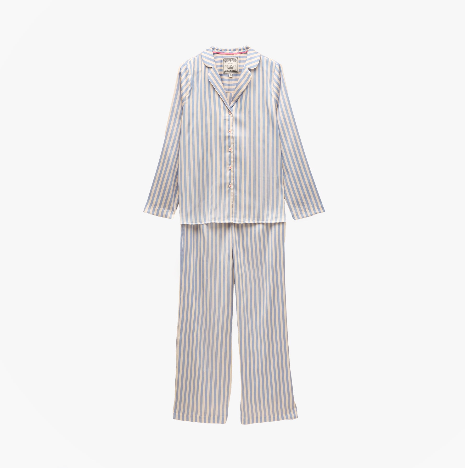 Joules BONNIE Womens Satin Pyjama Set Blue Stripe front view showing long sleeve top and matching pants.
