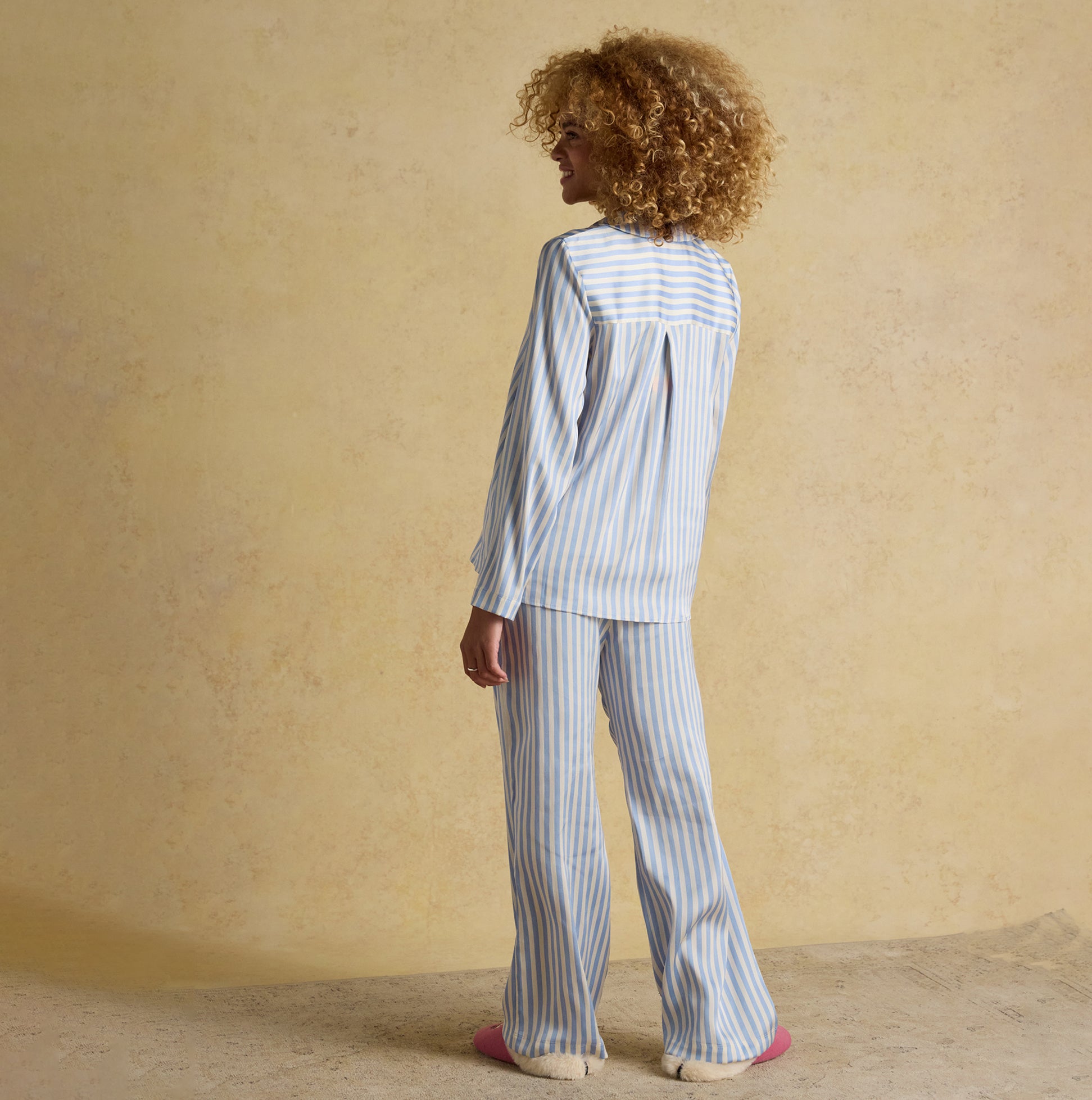 Joules BONNIE Womens Satin Pyjama Set Blue Stripe back view showcasing long sleeves and striped design.