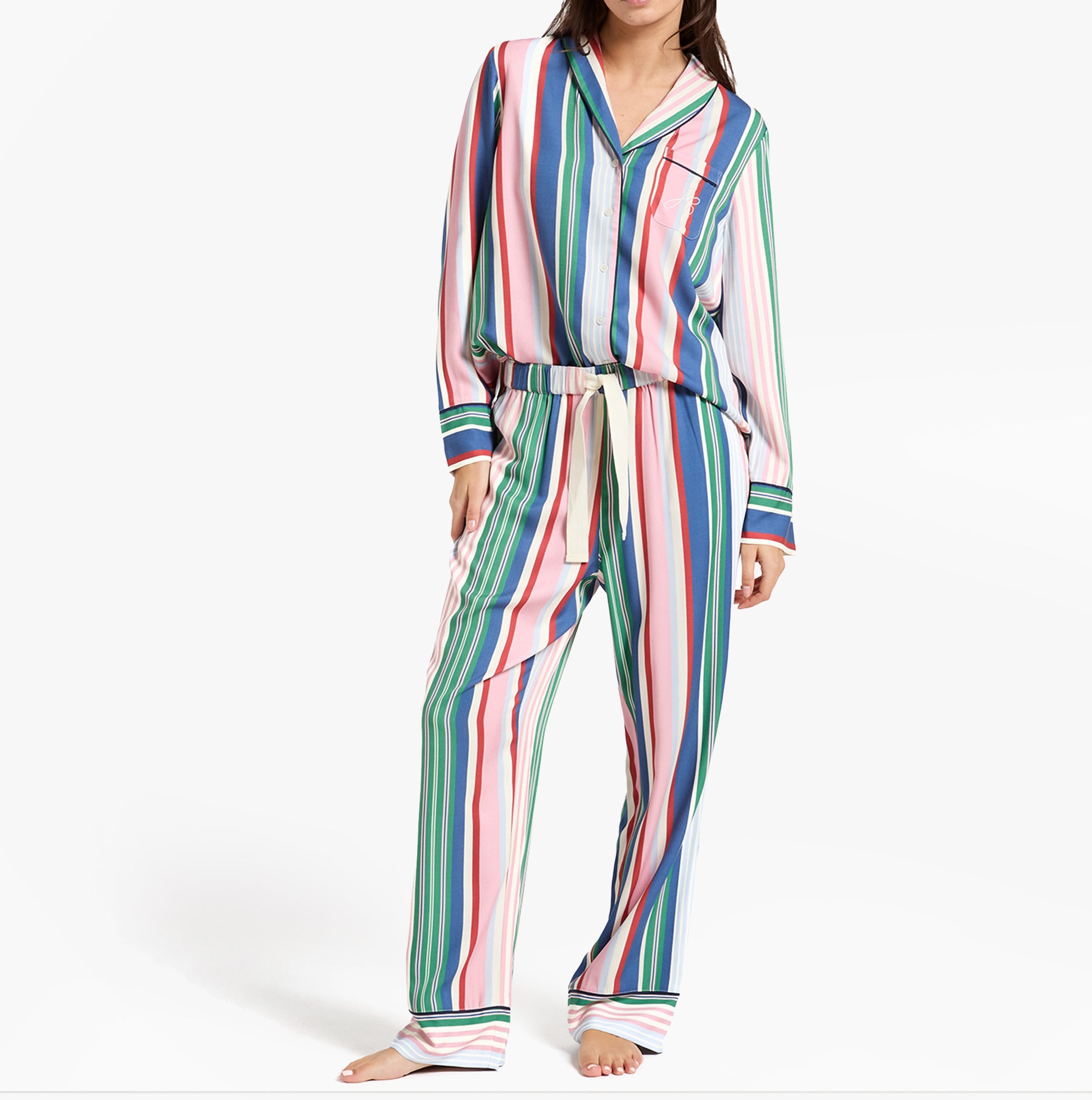 Joules ALMA Womens Pyjama Set Multi front view displaying colorful striped design with long sleeves and relaxed fit.
