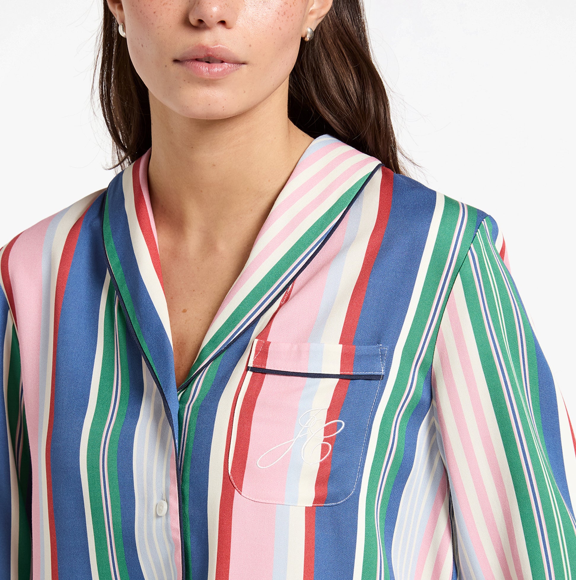 Joules ALMA Womens Pyjama Set Multi detail view of shirt with colorful stripes and embroidered pocket