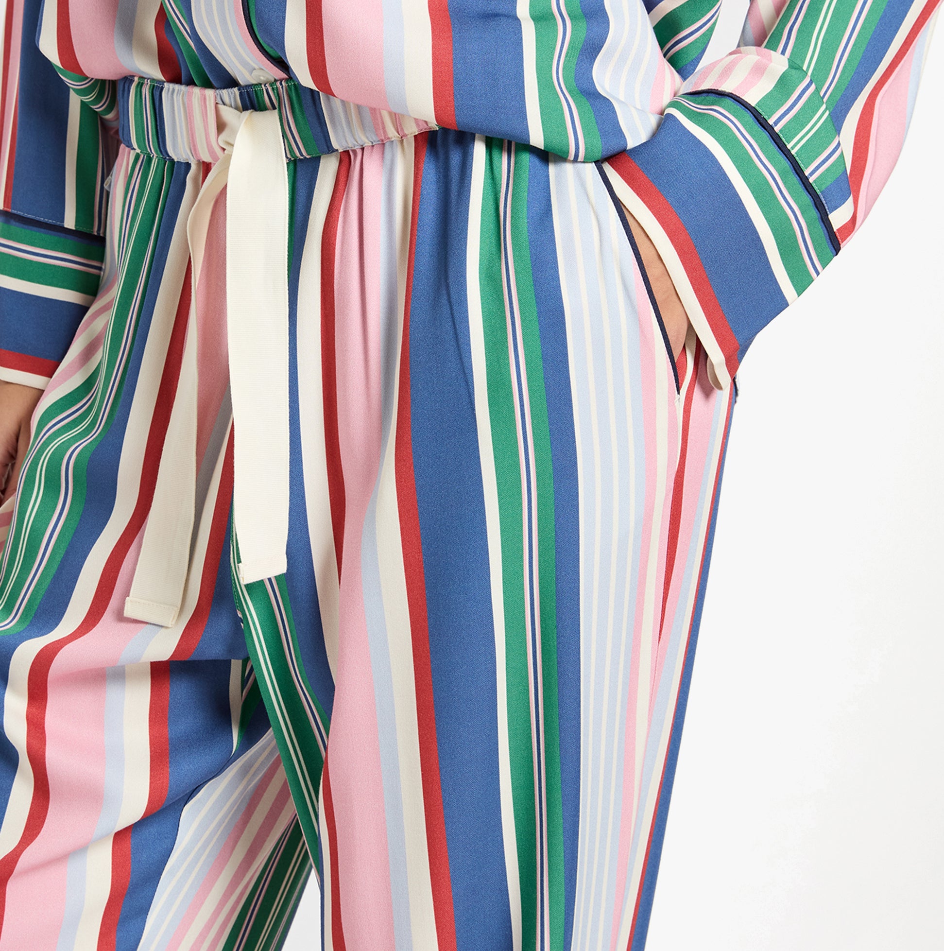 Joules ALMA Womens Pyjama Set Multi detail view of vibrant striped fabric and drawstring waist