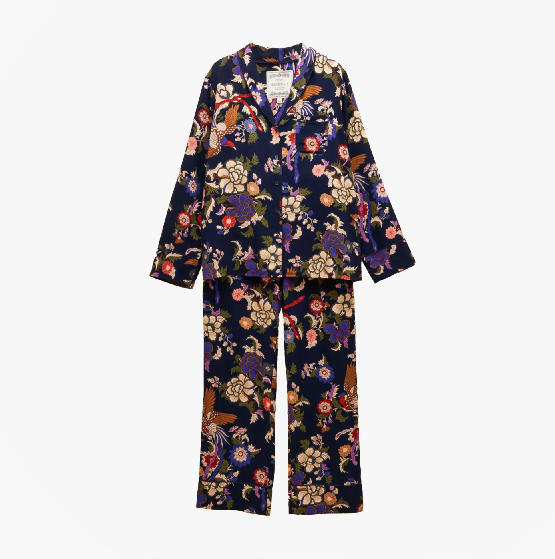 Joules ALMA Womens Pyjama Set Navy Floral front view showcasing floral design and long sleeves.