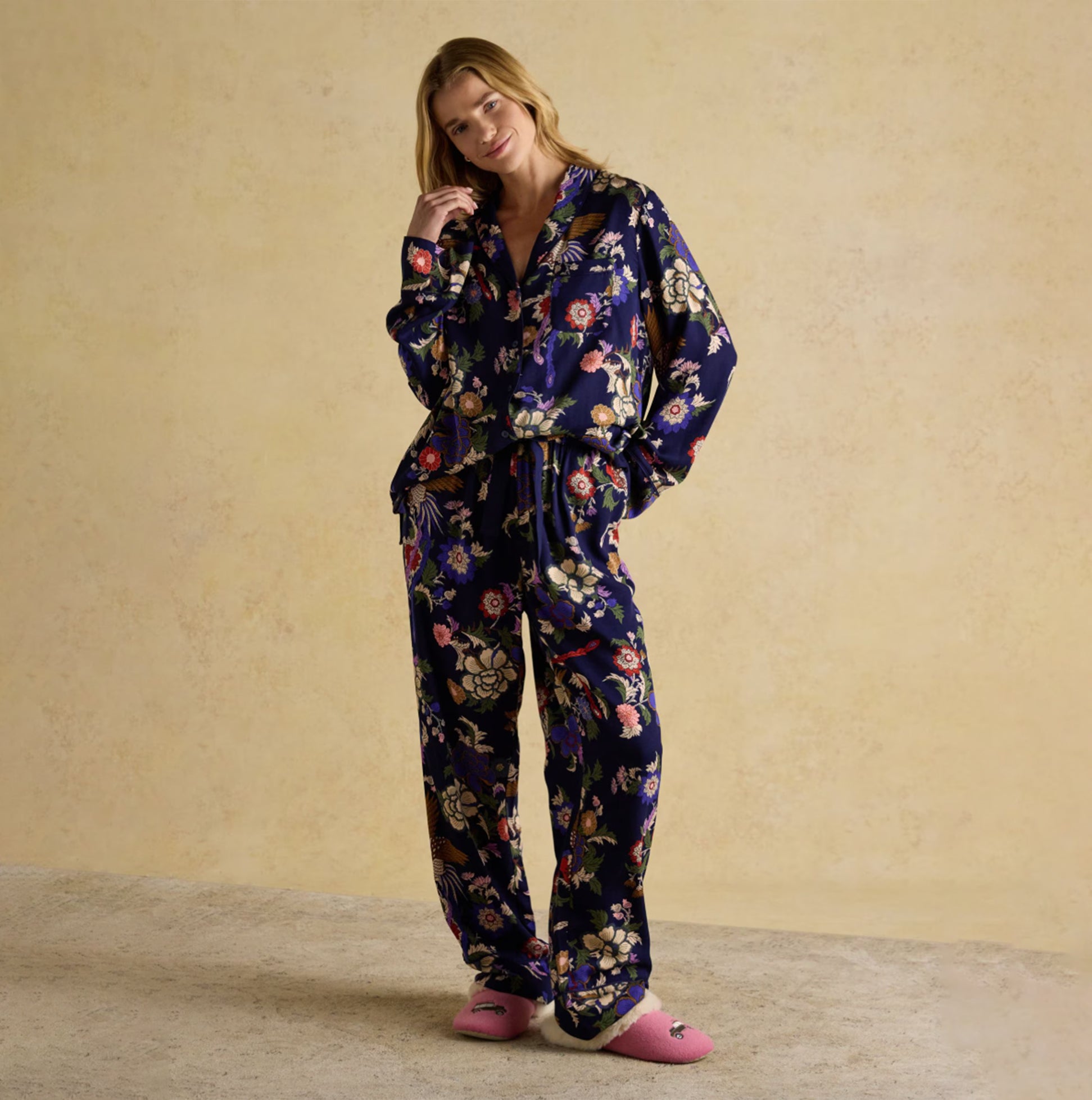 Joules ALMA Womens Pyjama Set Navy Floral front view showcasing floral design and relaxed fit.