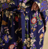 Joules ALMA Womens Pyjama Set Navy Floral detail view showcasing floral pattern and tie waist.