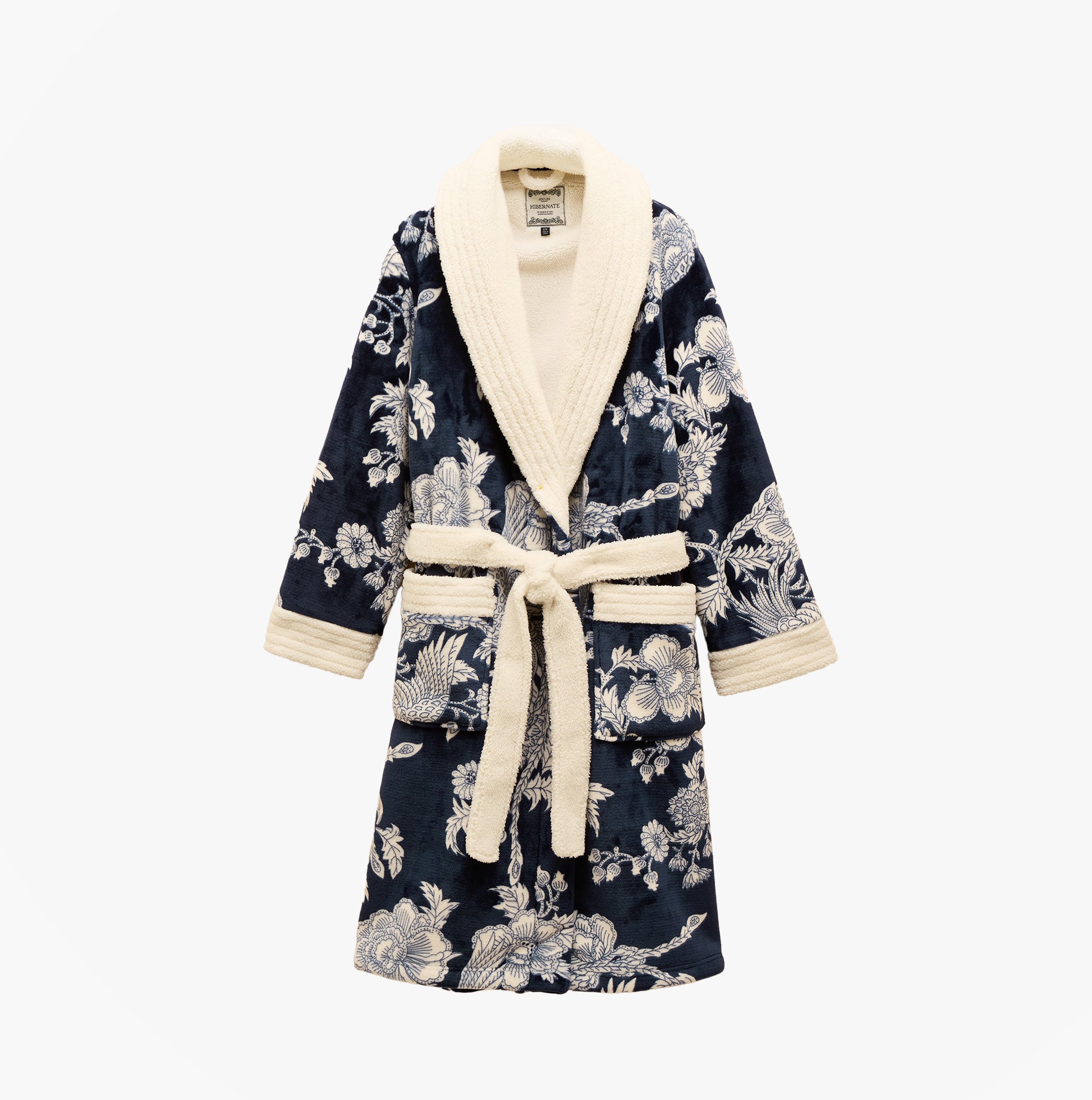Joules MATILDA Womens Robe Navy front view with floral pattern and cream collar, showcased elegantly.