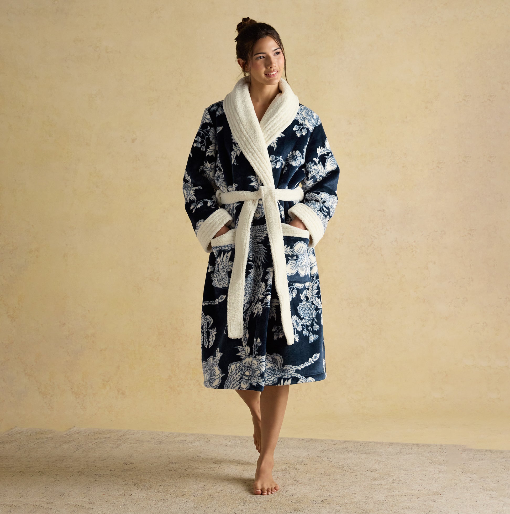 Joules MATILDA Womens Robe Navy front view with a floral design and white collar, showcasing relaxed fit and long sleeves.