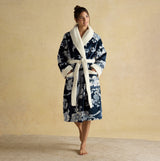 Joules MATILDA Womens Robe Navy front view with a floral design and white collar, showcasing relaxed fit and long sleeves.