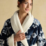 Joules MATILDA Womens Robe Navy front view, showing luxurious floral pattern and soft fabric details.