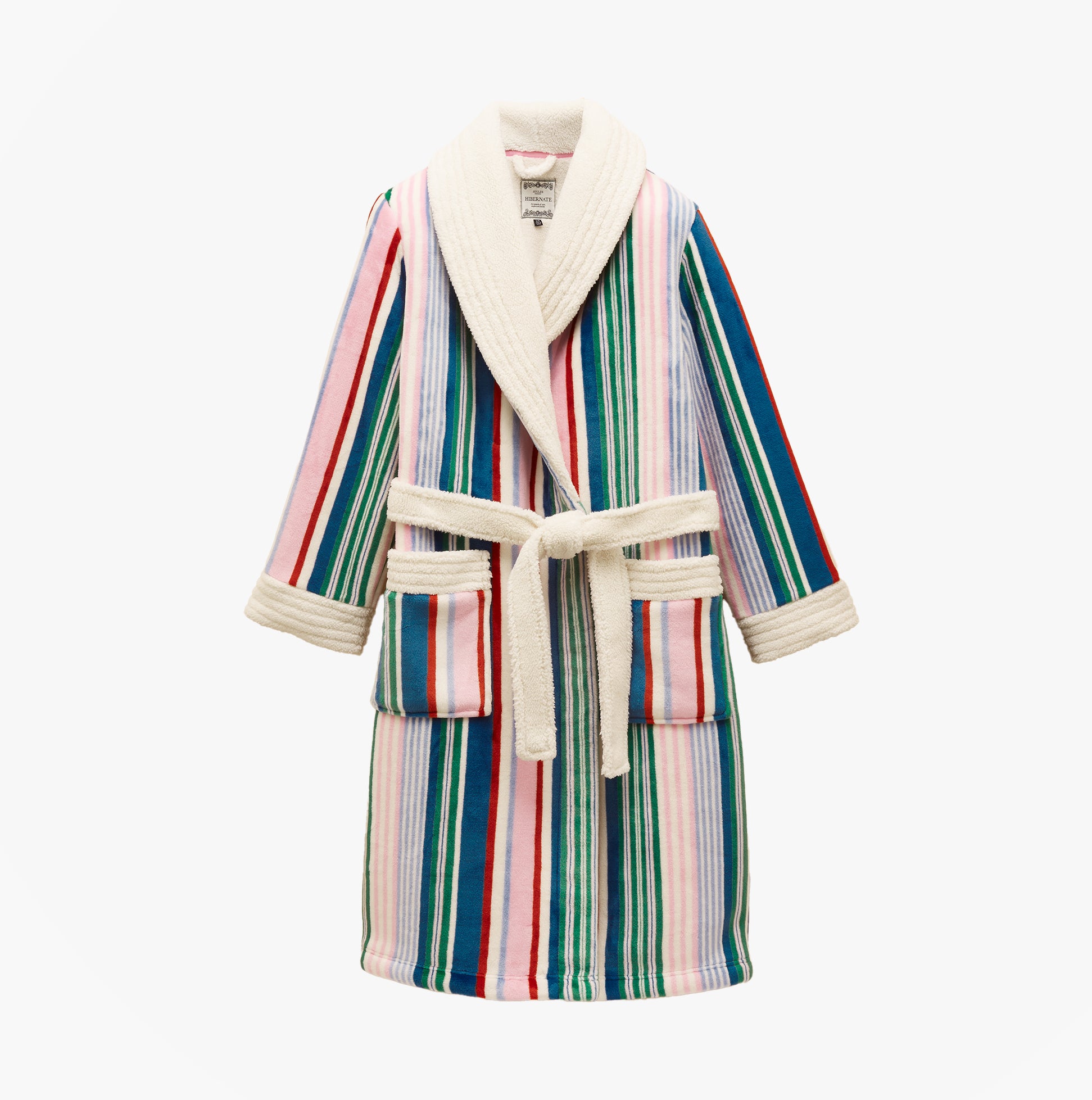 Joules MATILDA Womens Robe Multi front view with colorful stripes and cream collar and belt.