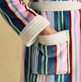 Joules MATILDA Womens Robe Multi detail view of pocket and sleeve, colorful striped design, soft fabric.