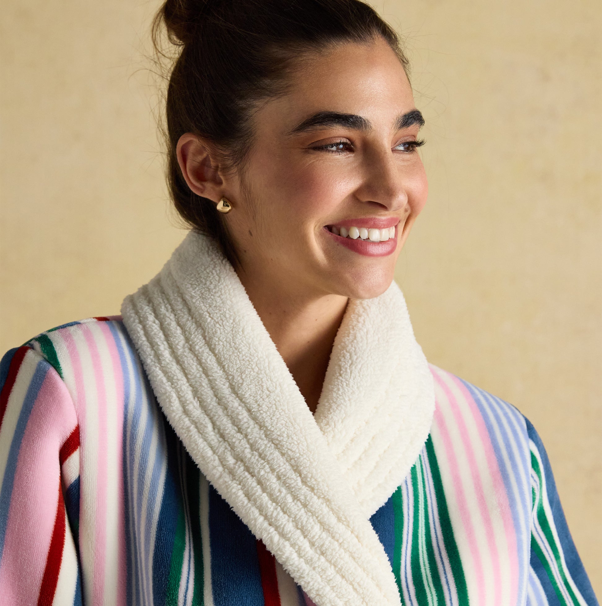 Joules MATILDA Womens Robe Multi detail view showcasing the soft collar and vibrant striped design.