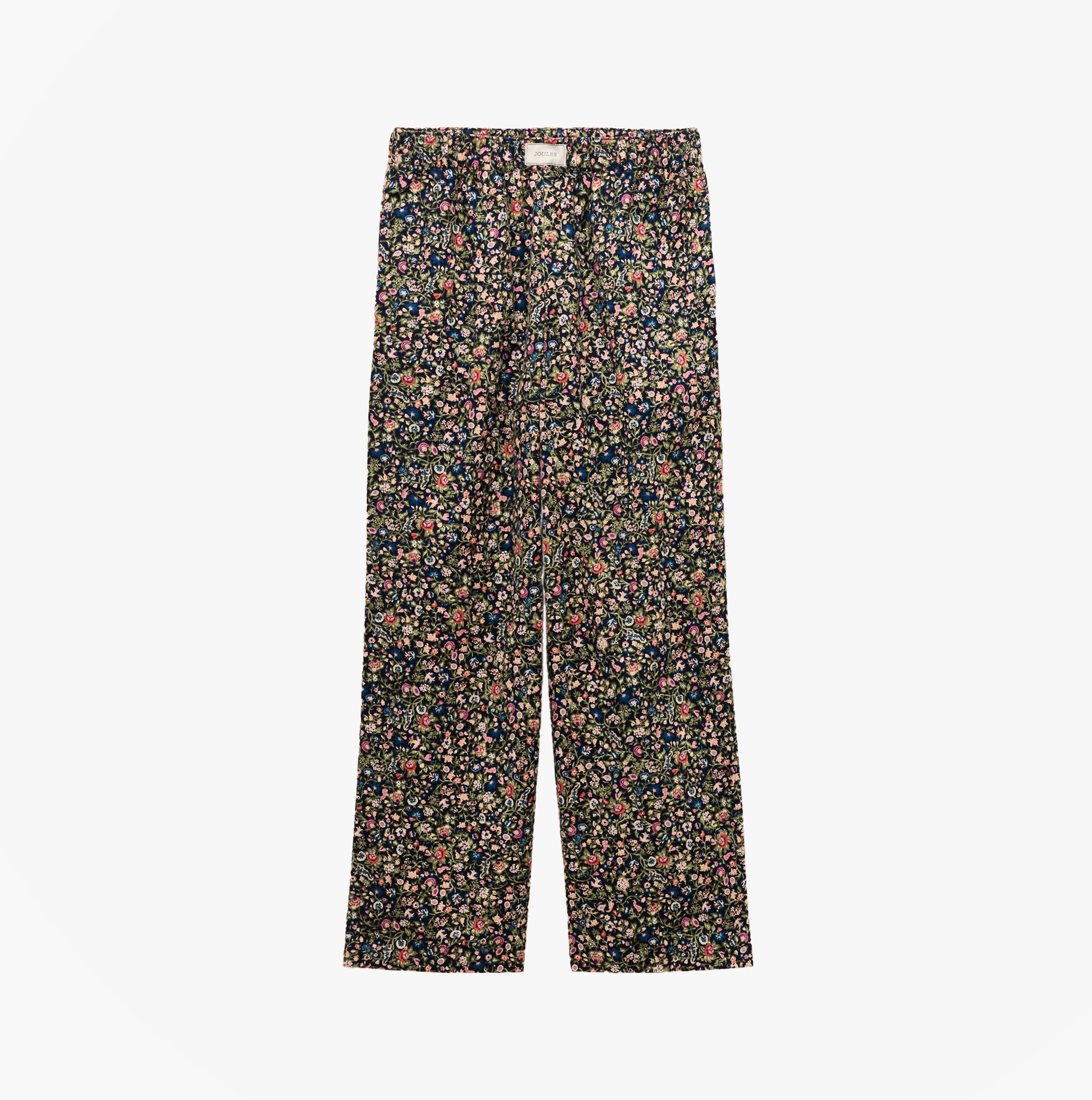 Joules STELLA Womens Pyjama Bottoms Navy/Pink front view with floral design and relaxed fit, 100% cotton material