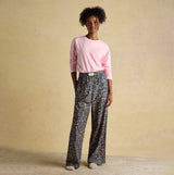 Joules STELLA Womens Pyjama Bottoms Navy/Pink front view with model, relaxed fit, floral design, 100% cotton.