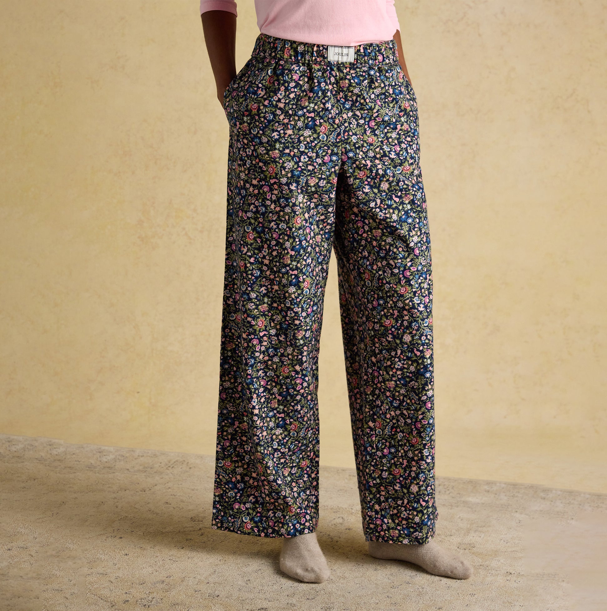 Joules STELLA Womens Pyjama Bottoms Navy/Pink side view featuring floral design and relaxed fit.
