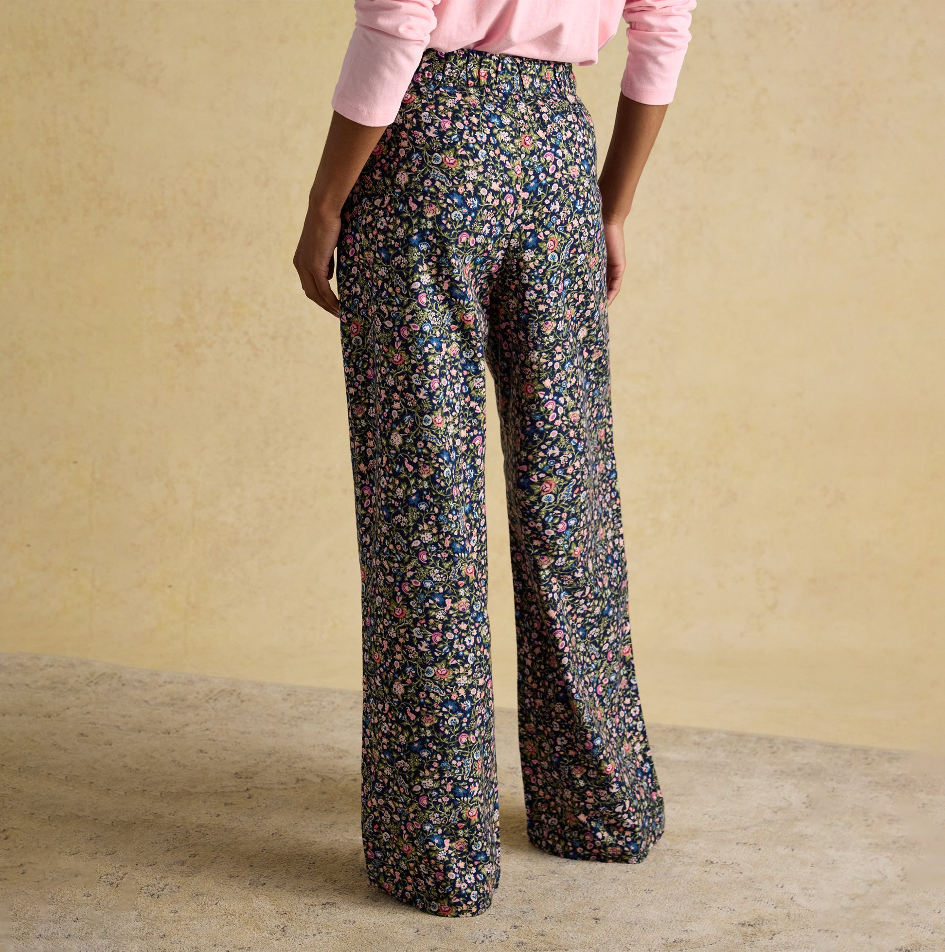 Joules STELLA Womens Pyjama Bottoms Navy/Pink back view showcasing floral pattern and relaxed fit.