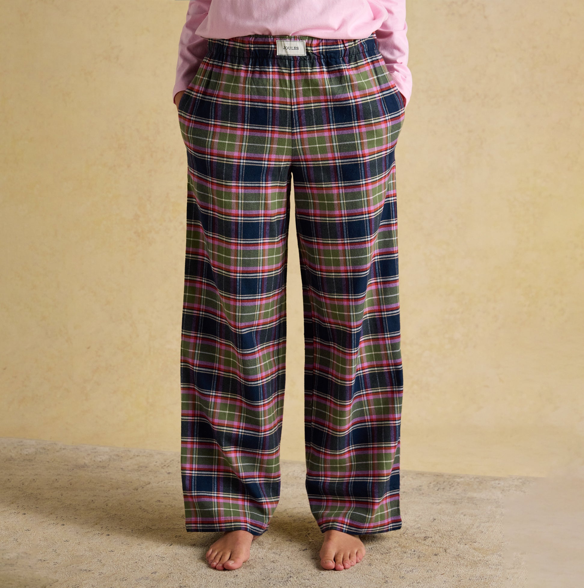 Joules STELLA Womens Pyjama Bottoms Navy/Khaki front view with relaxed fit and check pattern, 100% cotton