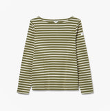 Joules HARBOUR Boat Neck 100% Cotton Breton Top Green Stripe front view featuring long sleeves and breathable cotton material.