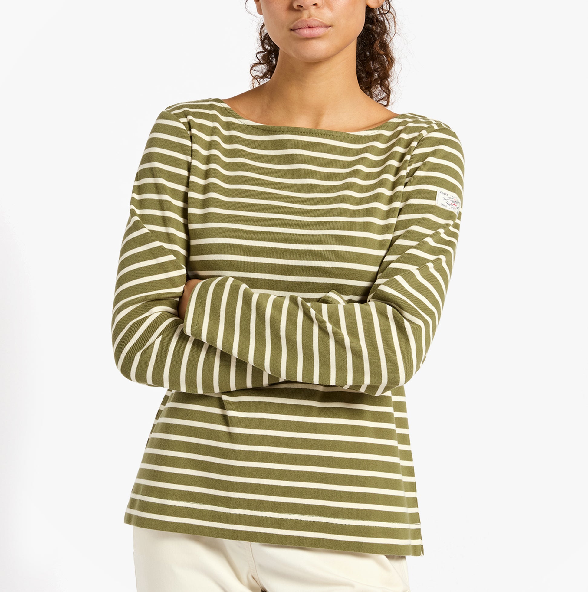 Joules HARBOUR Boat Neck 100% Cotton Breton Top Green Stripe front view showcasing long sleeves and striped design.