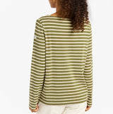 Joules HARBOUR Boat Neck 100% Cotton Breton Top Green Stripe back view, showcasing long sleeves and striped design.