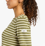 Joules HARBOUR Boat Neck 100% Cotton Breton Top Green Stripe side view showing long sleeves and striped pattern.