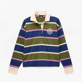 Joules LARA SLUB Womens Rugby Shirt Green front view showcasing long sleeves and striped design.