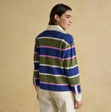 Joules LARA SLUB Womens Rugby Shirt Green back view, featuring stripes in blue and green with relaxed fit.