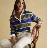 Joules LARA SLUB Womens Rugby Shirt Green front view, featuring stripes and logo, relaxed fit, long sleeves.