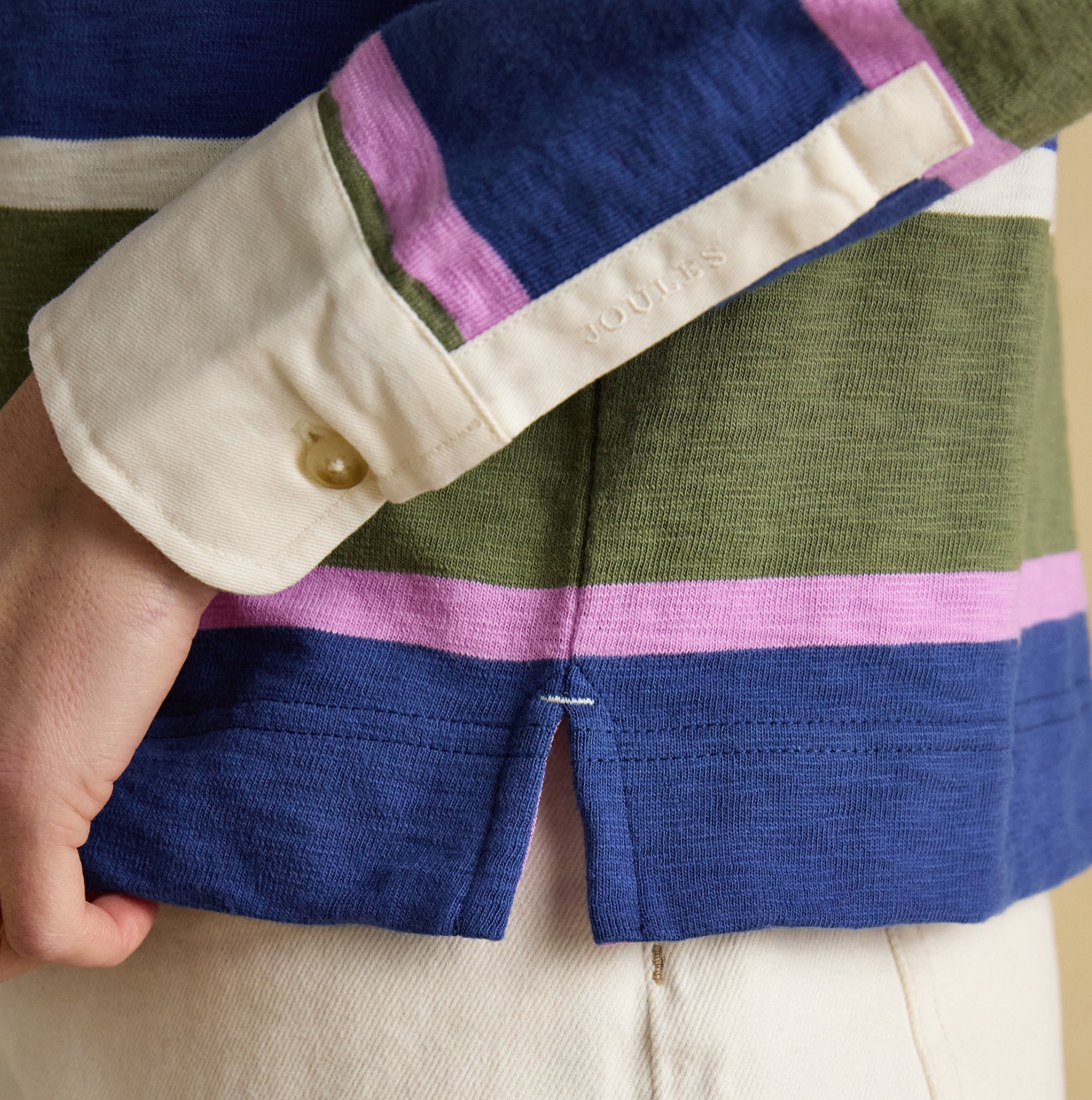 Joules LARA SLUB Womens Rugby Shirt Green detail view showing functional button cuffs and stripe pattern.