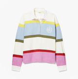 Joules LARA SLUB Womens Rugby Shirt Multi front view in pastel stripes, 100% cotton with long sleeves and breathable design.