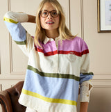 Joules LARA SLUB Womens Rugby Shirt Multi front view in multicolored stripes, showcasing breathable cotton design.