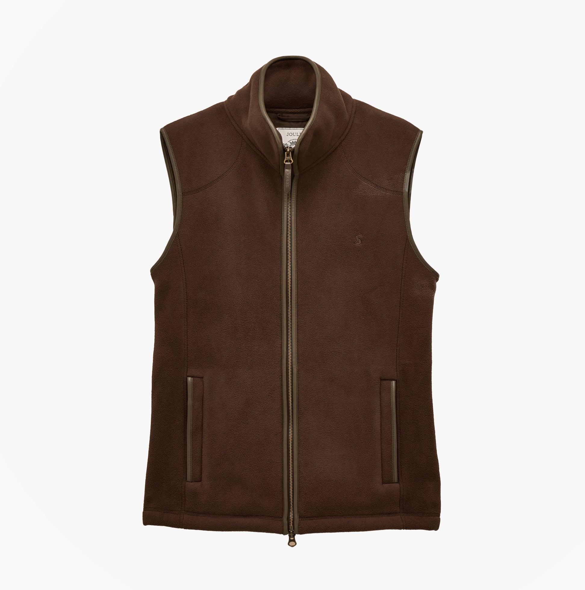 Joules HERITAGE FLEECE Mens Gilet Brown front view, sleeveless, zip fastening, made of 100% recycled polyester.