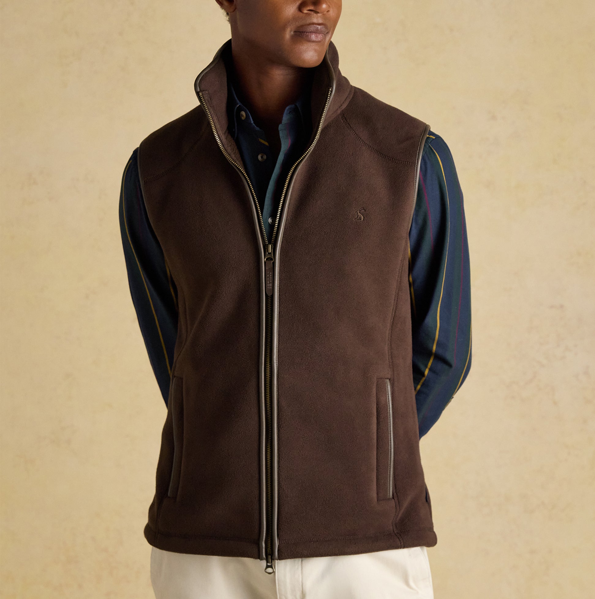 Joules HERITAGE FLEECE Mens Gilet Brown front view showing zip fastening and sleeveless design.