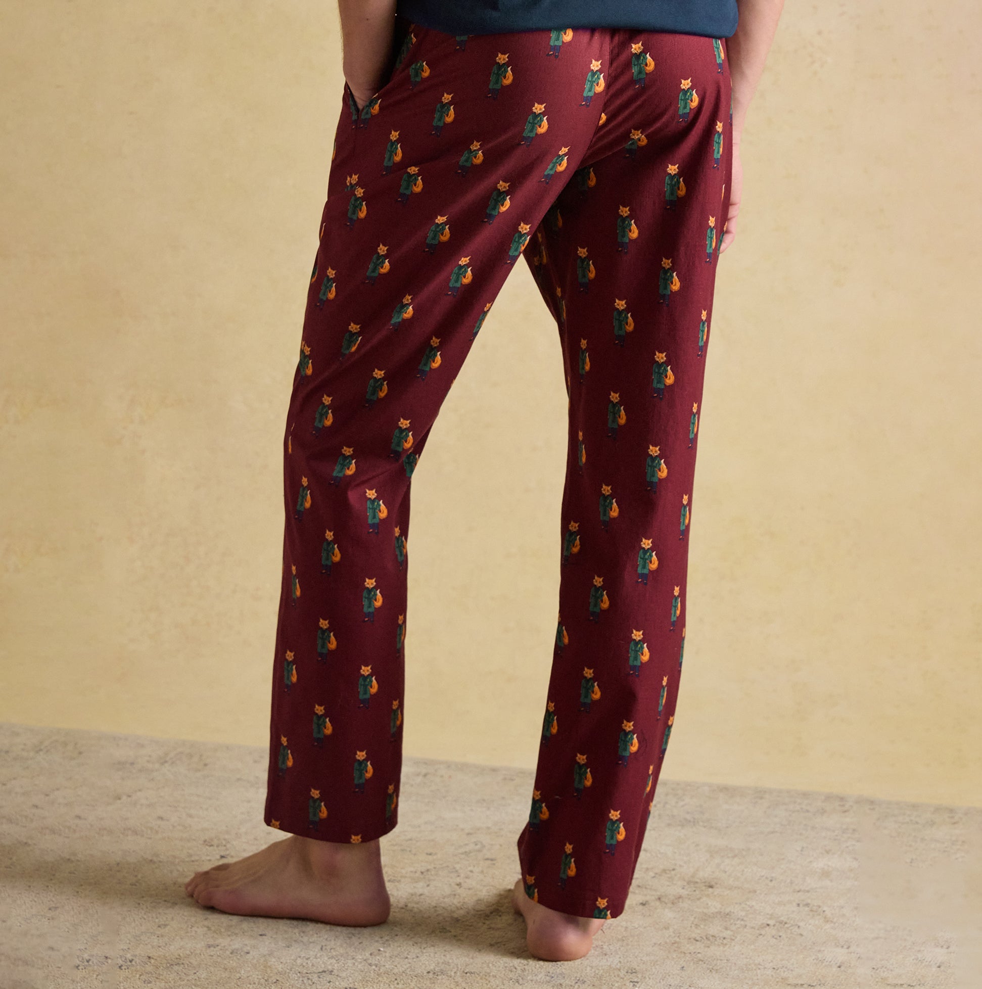 Joules DOZER Mens Pyjama Trousers Burgundy Red back view, relaxed fit, featuring playful print, 100% cotton loungewear.