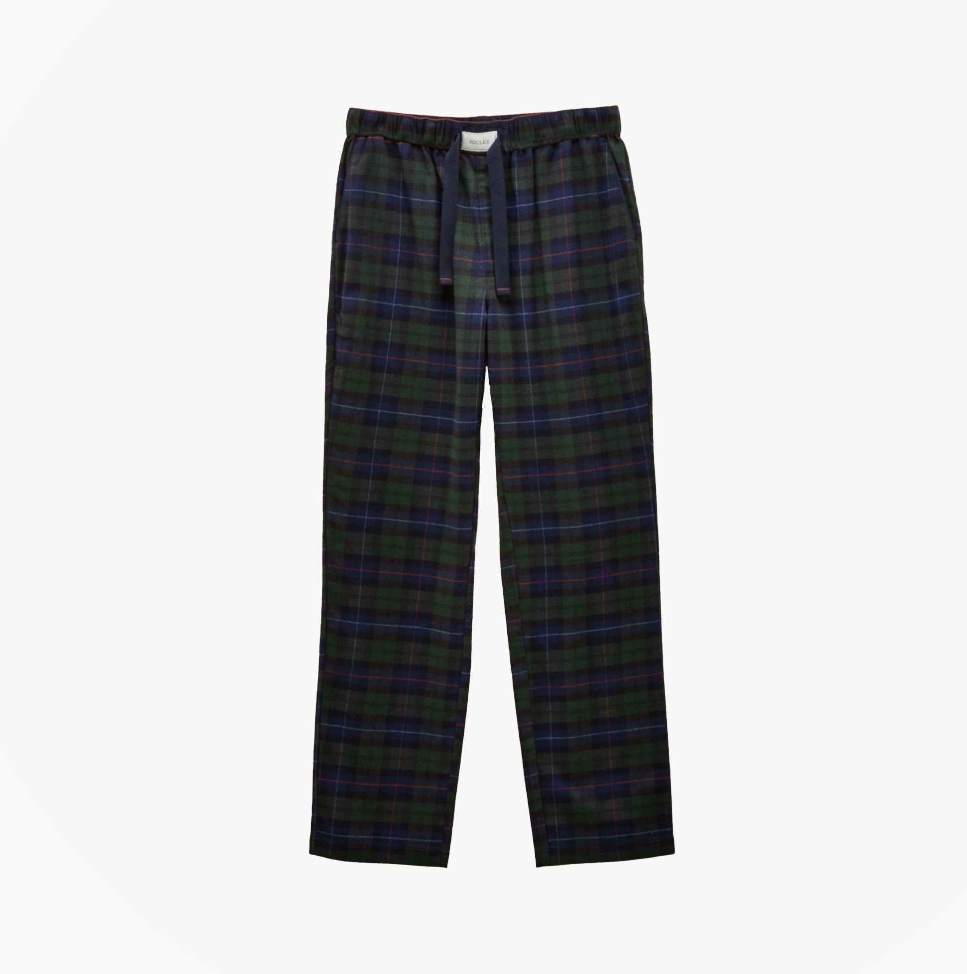 Joules DOZER Mens Pyjama Bottoms Green/Navy front view showing relaxed fit and plaid pattern.