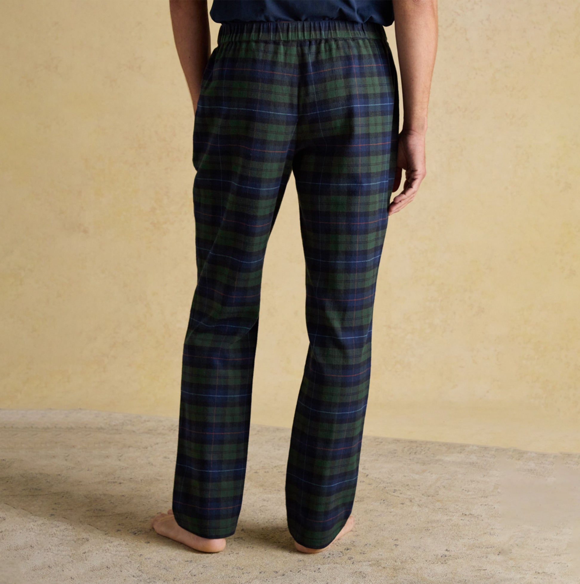 Joules DOZER Mens Pyjama Bottoms Green/Navy back view showcasing relaxed fit and plaid pattern in cotton fabric.