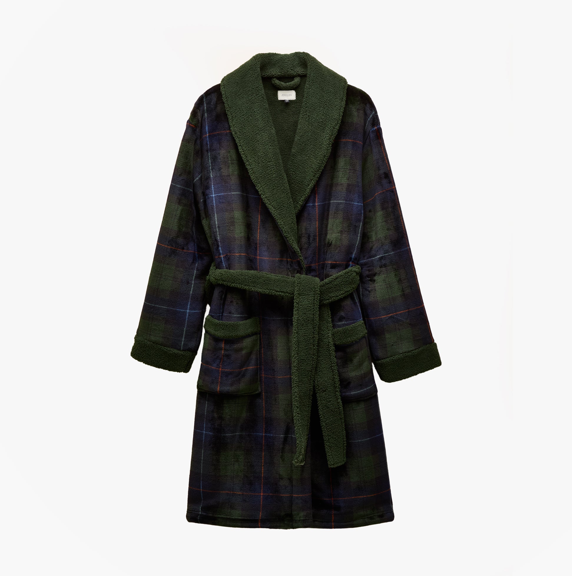 Joules MONTAGUE Mens Robe Green/Navy front view showcasing long sleeves and cozy material.
